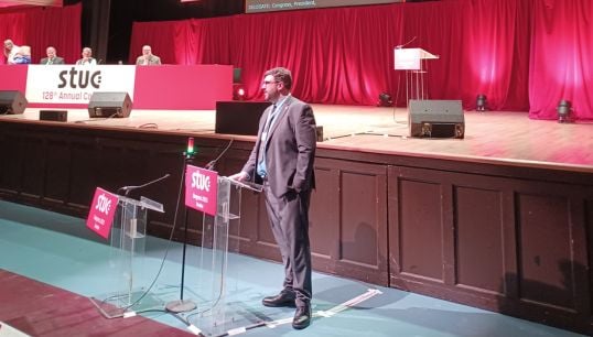 Nautilus strategic organiser Grant Mudie moving Motion 27, 'Vessel replacement on Shetland and Orkney Ferry Routes', which was passed unanimously at STUC Annual Congress 2025. Image:Nautilus strategic organiser Grant Mudie moving Motion 27, 'Vessel replacement on Shetland and Orkney Ferry Routes', which was passed unanimously at STUC Annual Congress 2025.