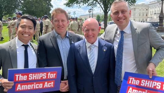 L-R: MEBA government affairs director Erick Siahaan; MEBA president Adam Vokac; Sen. Mark Kelly and; MEBA secretary-treasurer Roland Rexha. Image: MEBA Image:L-R: MEBA government affairs director Erick Siahaan; MEBA president Adam Vokac; Sen. Mark Kelly and; MEBA secretary-treasurer Roland Rexha. Image: MEBA