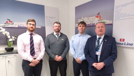 Image:(L-R) Stena liaison officers George Whitfield, John Mallalue and Russell Marshall with head of industrial Micky Smyth at the pay and conditions meeting at the company offices in Glasgow. Image: Nautilus International