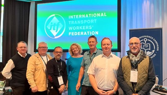 Image:Nautilus senior officials, and Nautilus Federation affiliate and other union representatives at the ITF FPC meeting in Rotterdam in May 2026: L-R Mark Dickinson (vice chair of the ITF Seafarers’ Section); Darren Procter (RMT); Emmanuel Chalard (CGT); Sascha Meijer (general secretary, Nautilus International); Marcel van den Broek (the FPC member for Nautilus NL); Danny McGowan (the FPC member for Nautilus UK);and Thierry LeGuevel, (CFDT - an affiliate of Nautilus Federation). Image: Nautilus International
