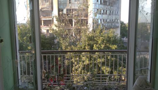 Aftermath: a view from inside the Izmail Seafarers' Centre which received collateral damage, after appearing to be caught up in a drone hit on the Danube Shipping Company building opposite the centre (seen through the window). Image: ITF Seafarers Trust/MTWTU Image:Aftermath: a view from inside the Izmail Seafarers' Centre which received collateral damage, after appearing to be caught up in a drone hit on the Danube Shipping Company building opposite the centre (seen through the window). Image: ITF Seafarers Trust/MTWTU