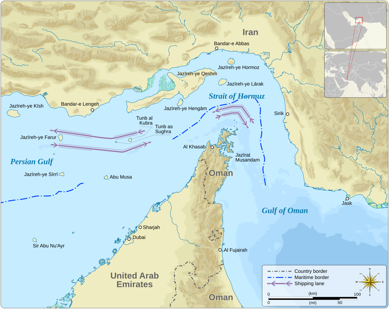 Image:Strait of Hormuz. Source: Wikimedia Commons / Goran tek-en
