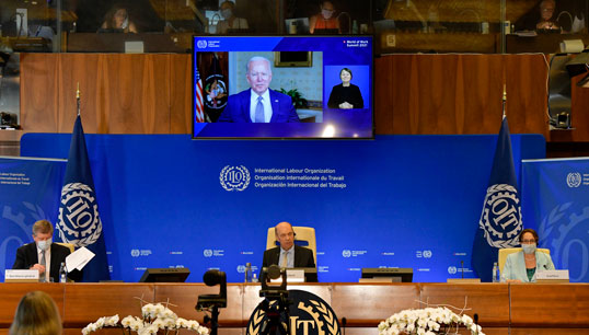 'America stands with you': US President Joe Biden in his special video address during the first part of the World of Work Summit. Image: Marcel Crozet / ILO Image:'America stands with you': US President Joe Biden in his special video address during the first part of the World of Work Summit. Image: Marcel Crozet / ILO