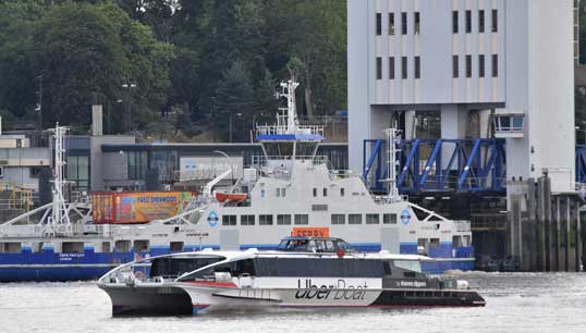 Image: Uber Boat - first day for rebranded Meteor Thames Clippers vessel at Woolwich Pier, credit Twitter Andrew Christy Image: Uber Boat - first day for rebranded Meteor Thames Clippers vessel at Woolwich Pier, credit Twitter Andrew Christy