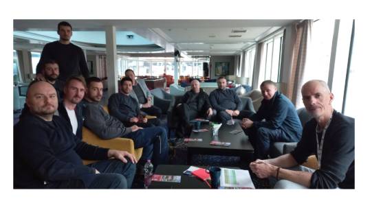 Image:Nautilus national secretary Holger Schatz (far right) during a ship visit to the Nijmegen Winter Harbour on the Waal River in the Netherlands in January 2026. Image: Nautilus International
